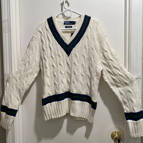 Polo RL Cricket Cable Hand Knit Heritage Preppy Academia Cotton Linen Sweater XL